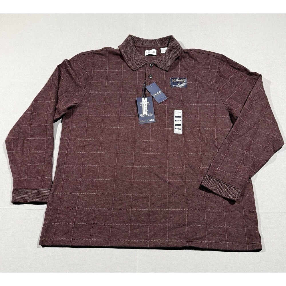 Haggar Mens Large Long Sleeve Polo Maroon Checkered Shirt Fleece Lined
